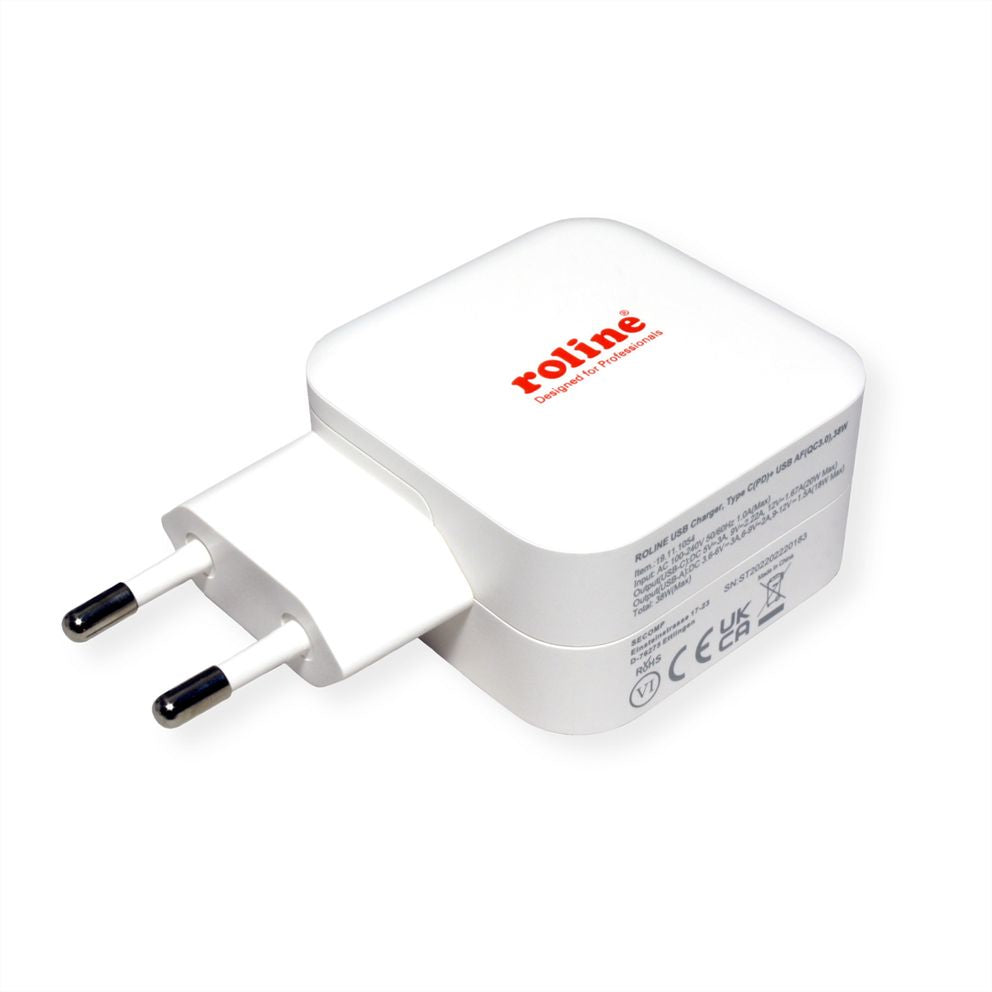 ROLINE USB-Ladegerät 38 W – USB-C×1, USB-A×1 – PD, QC 3.0 – EU-Stecker (Typ C)