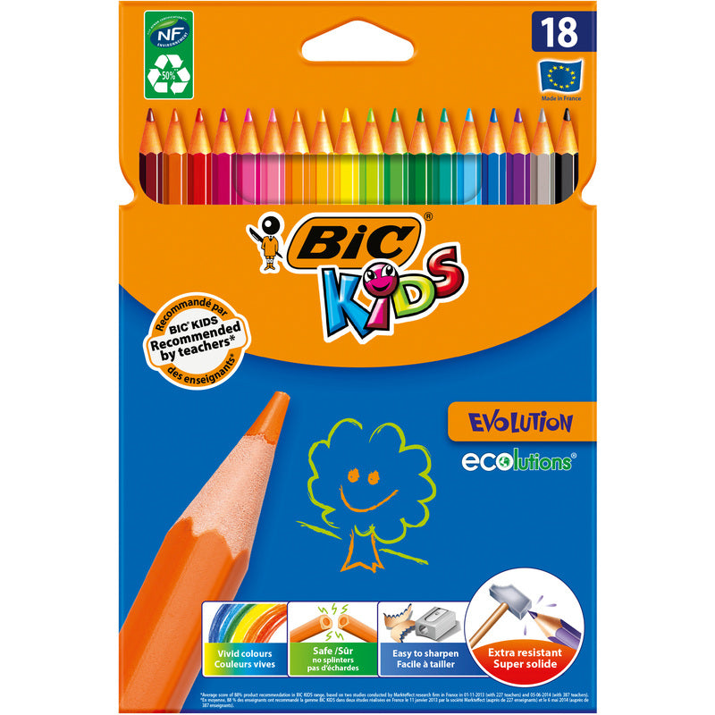 BIC Buntstifte Evolution Kids – 18 Farben, im Kartonetui, Ø 3,2 mm, Kunstharz, NF Environment