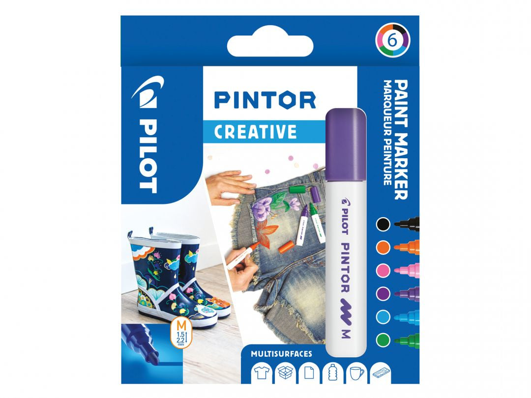 Pilot Pigment Marker Pintor – Rundspitze 1,5-2,2 mm – Sortiert – 6er-Set – Für dunkles Papier geeignet
