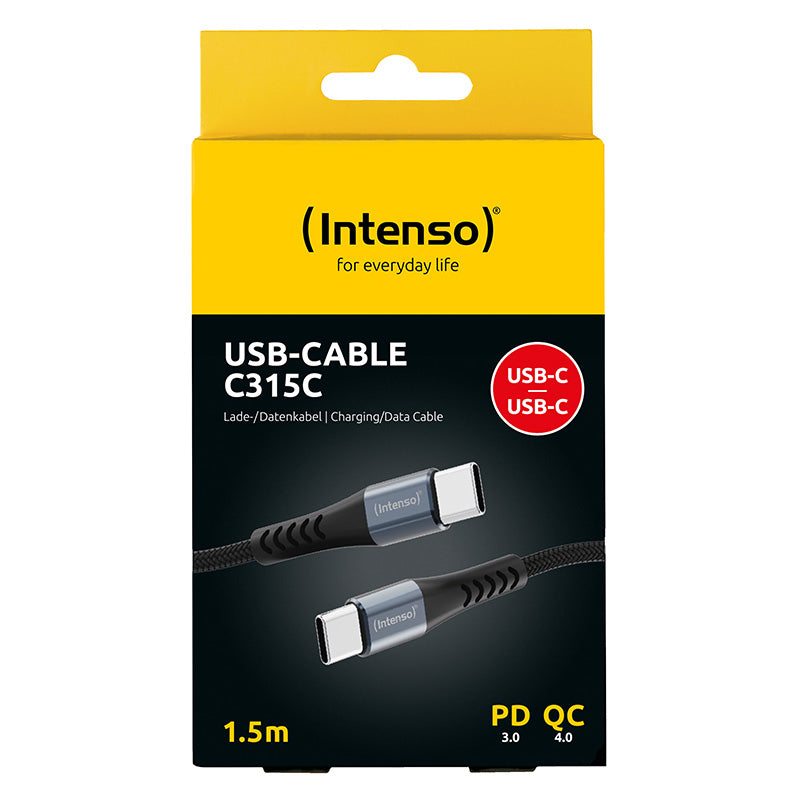 Intenso USB-C auf USB-C Kabel – USB 2.0 (480 Mbit/s) – 1,5 m – PD 60 W – Nylonmantel – Schwarz
