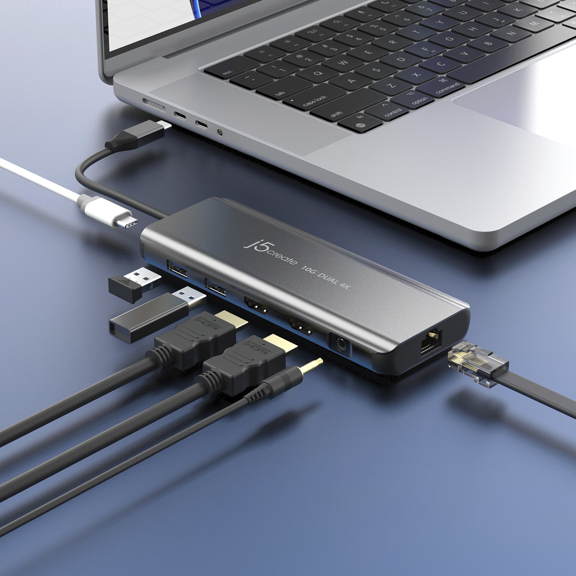 j5create JCD398-N Multiport-Adapter – USB-C, 2× HDMI, 2× USB-A, 100 W PD, GbE, 3,5 mm Audio, für Windows/Mac