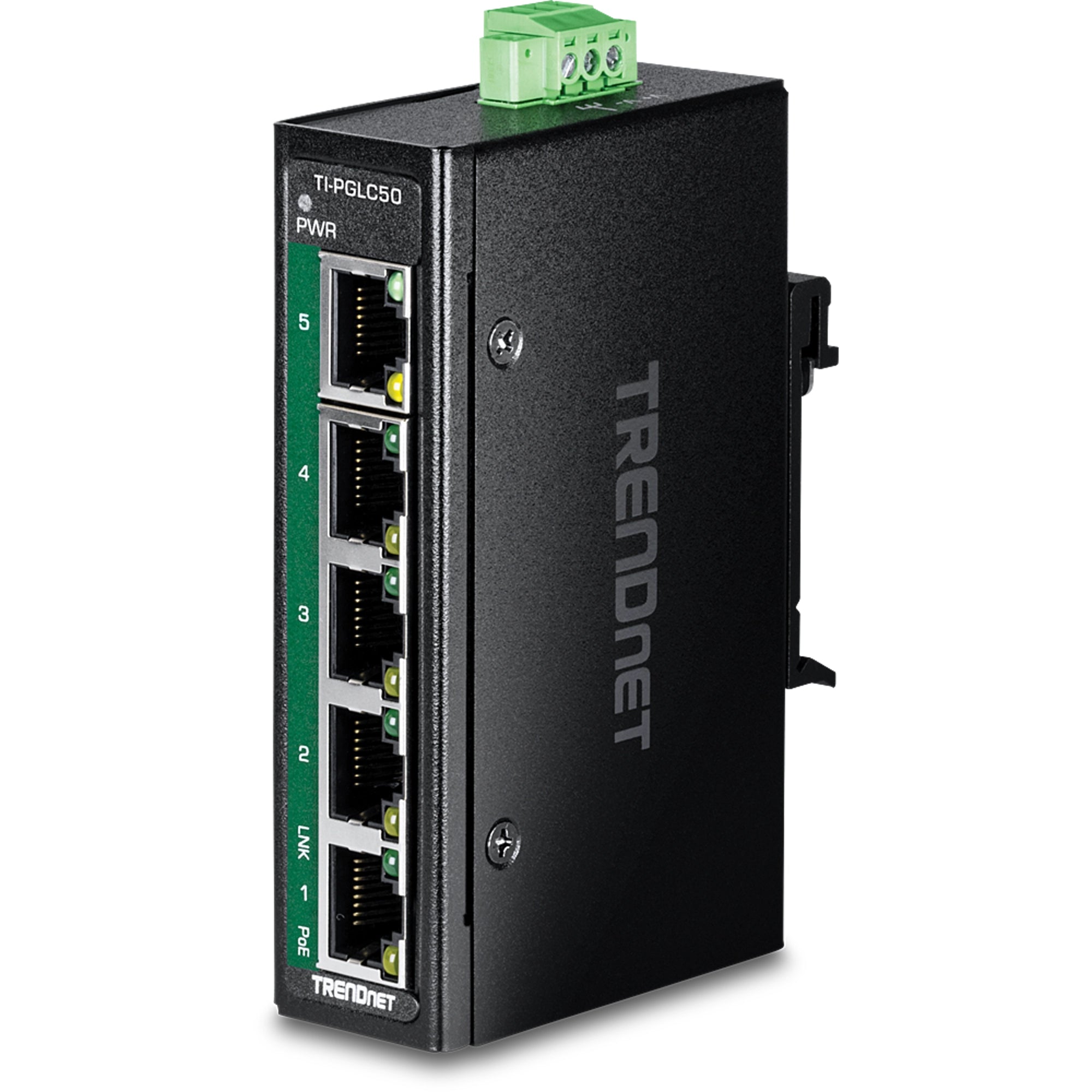 TRENDnet TI-PGLC50 – Unmanaged Switch – 4×PoE+ GbE, 1×GbE, PoE+ 90 W, DIN-Rail, IP30