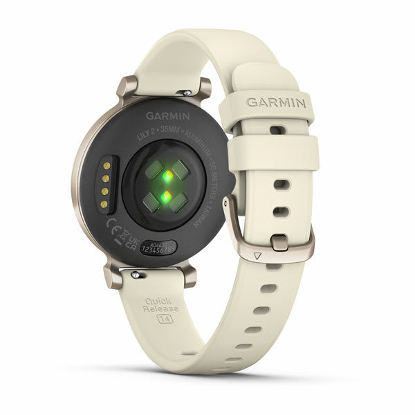 Garmin Lily 2 35 mm GPS – Aluminium Gold, Sportband Creme, 50 m, für Android und iPhone