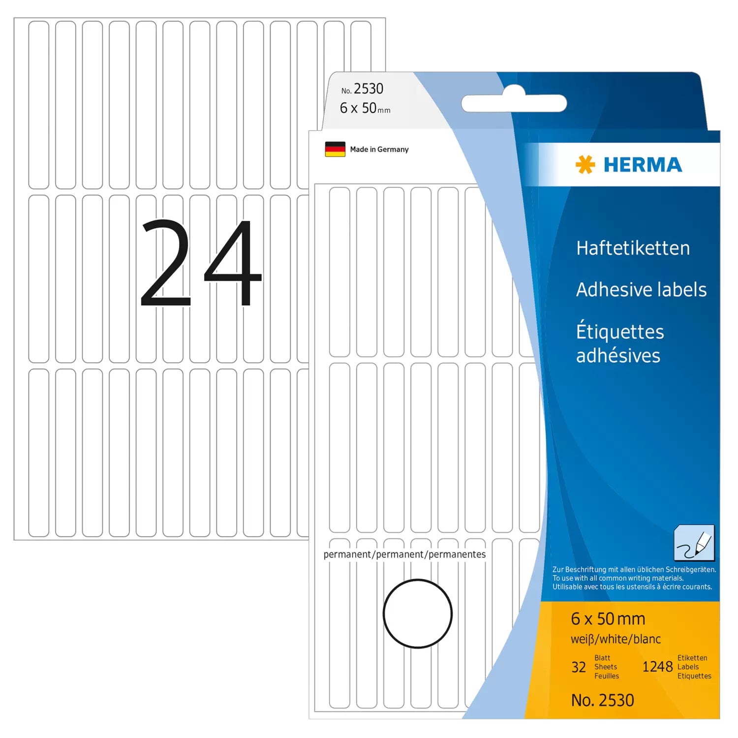 HERMA Haftetiketten – rechteckig 6 × 50 mm, stark haftend, weiss, abgerundete Ecken, 32 Blatt (1'248 Stk.)