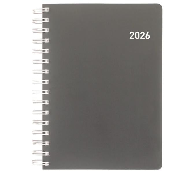 Biella Registra plus Agenda – 1 Tag pro Seite, Wire-O, 14,5 × 20,5 cm, 2026, 1/2-Stunden-Takt, Grau, FSC