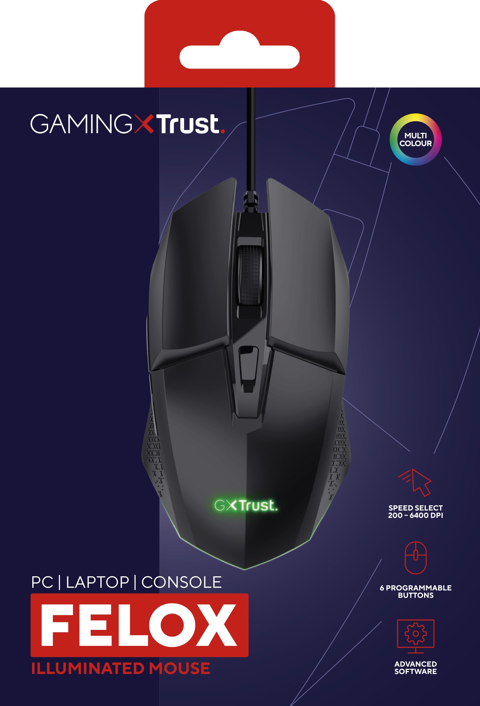 Trust GXT109 Felox Gaming-Maus – kabelgebunden, beidhändig, programmierbare Tasten, RGB-Beleuchtung, schwarz