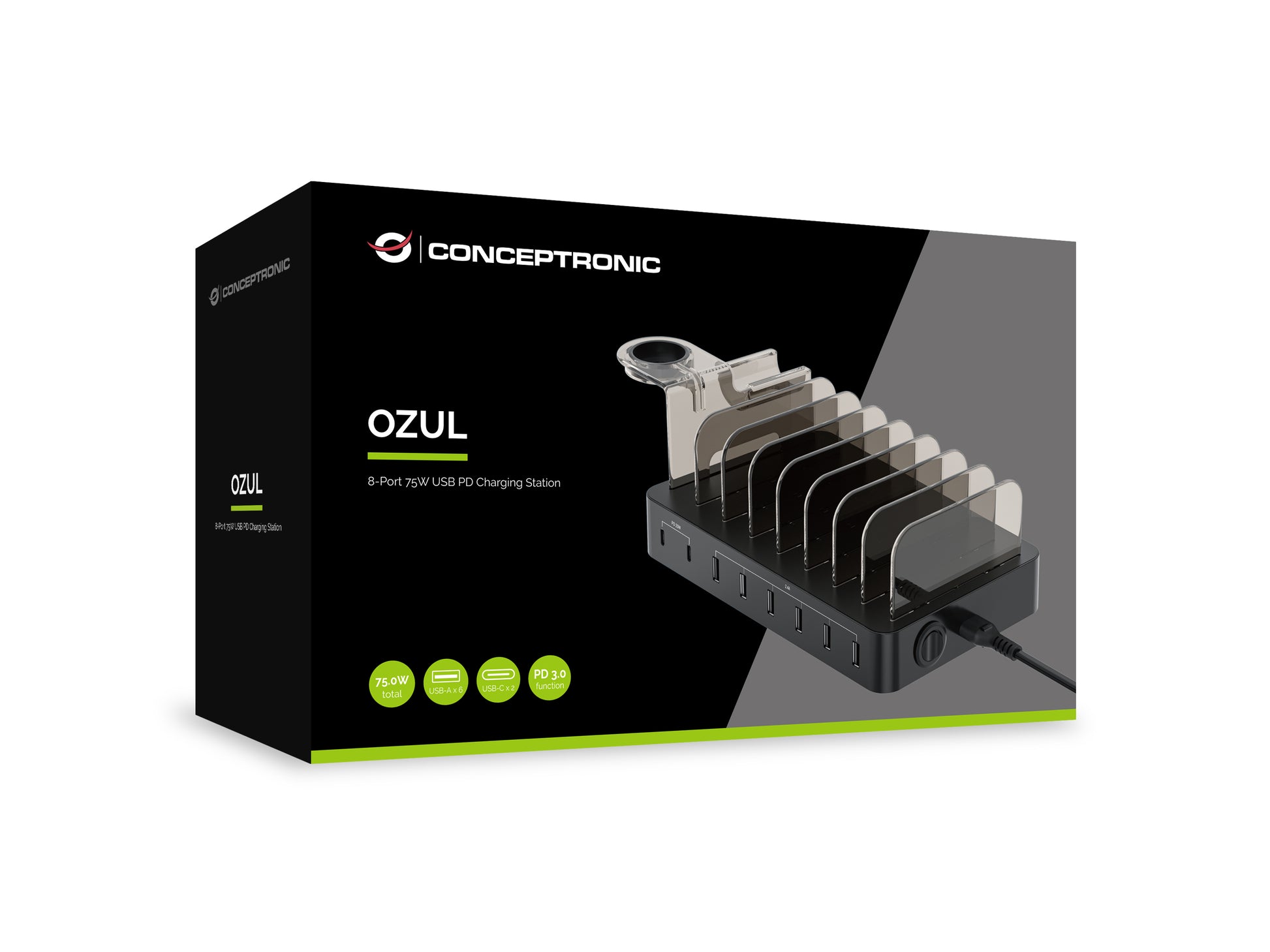 Conceptronic OZUL02B USB-Desktop-Ladegerät 75 W – USB-C×2, USB-A×6 – PD 3.0 – Schwarz