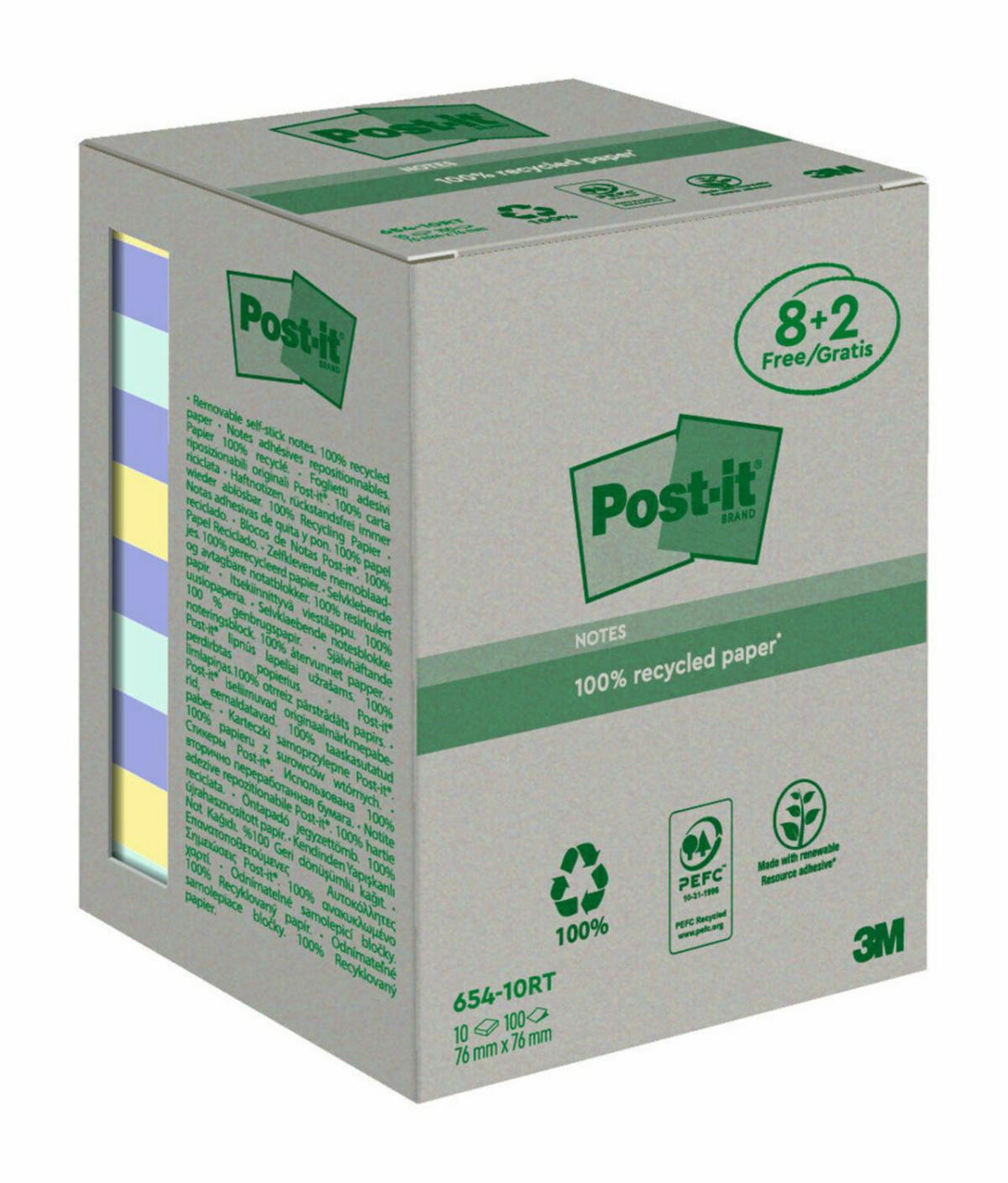 Post-it Haftnotizen – 76×76 mm – sortiert (türkis, violett, gelb), 10×100 Blatt, Recyclingpapier