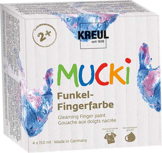 KREUL MUCKI Fingerfarben – Blau/Gold/Rosa/Silber, Glitter – 4×150 ml (600 ml) – für Papier, Holz, Glas