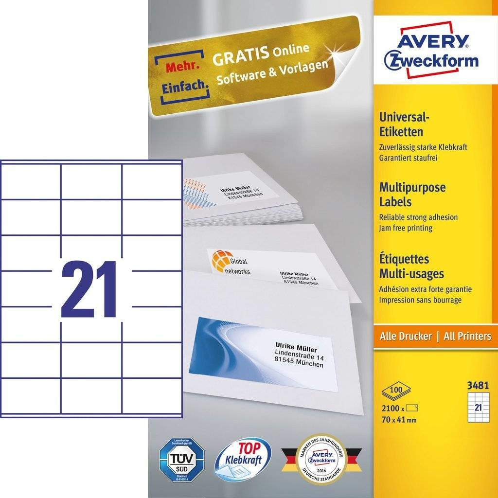 AVERY Zweckform – Druckeretiketten, 70 mm × 41 mm, weiss, 2'100 Etiketten (100 Blatt)