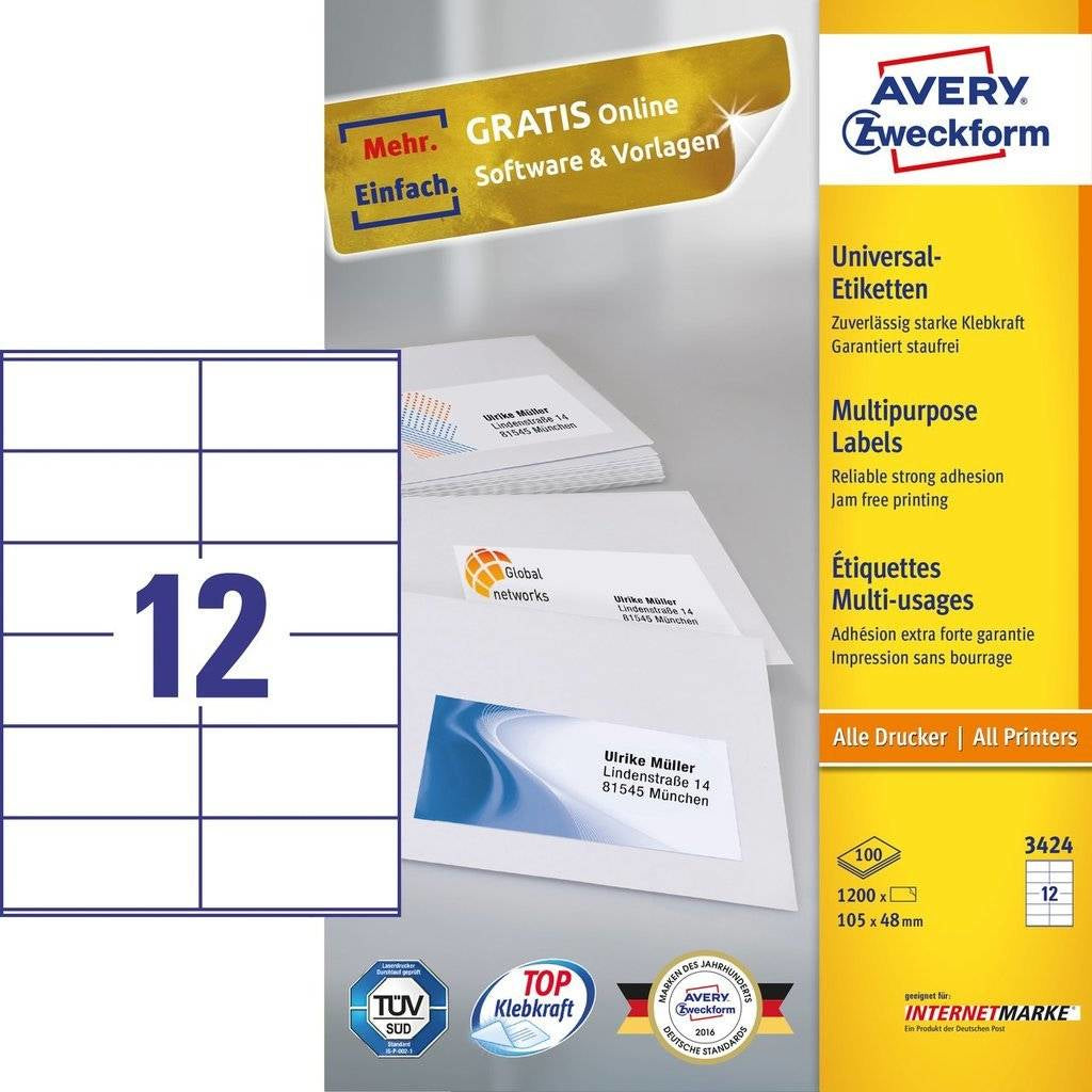 Avery Zweckform – Universal-Etiketten, 105 mm × 48 mm, weiss, Papier, permanent, 1200 Stk.