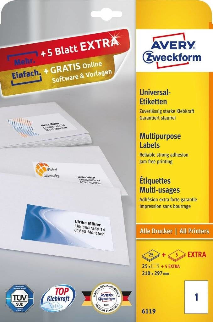 Avery Etiketten, 210 mm × 297 mm, weiss, Papier, permanent, 30 Blatt