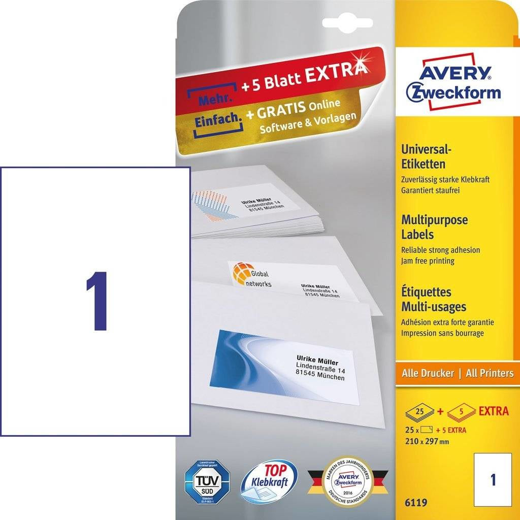 Avery Etiketten, 210 mm × 297 mm, weiss, Papier, permanent, 30 Blatt