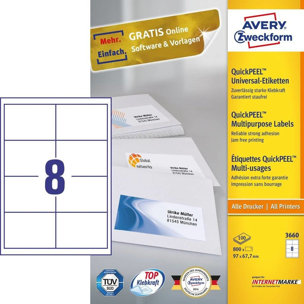 Avery Zweckform – Haftetiketten, 97 mm × 68 mm, weiss, Papier, permanent, 800 Stk. (100 Blatt)