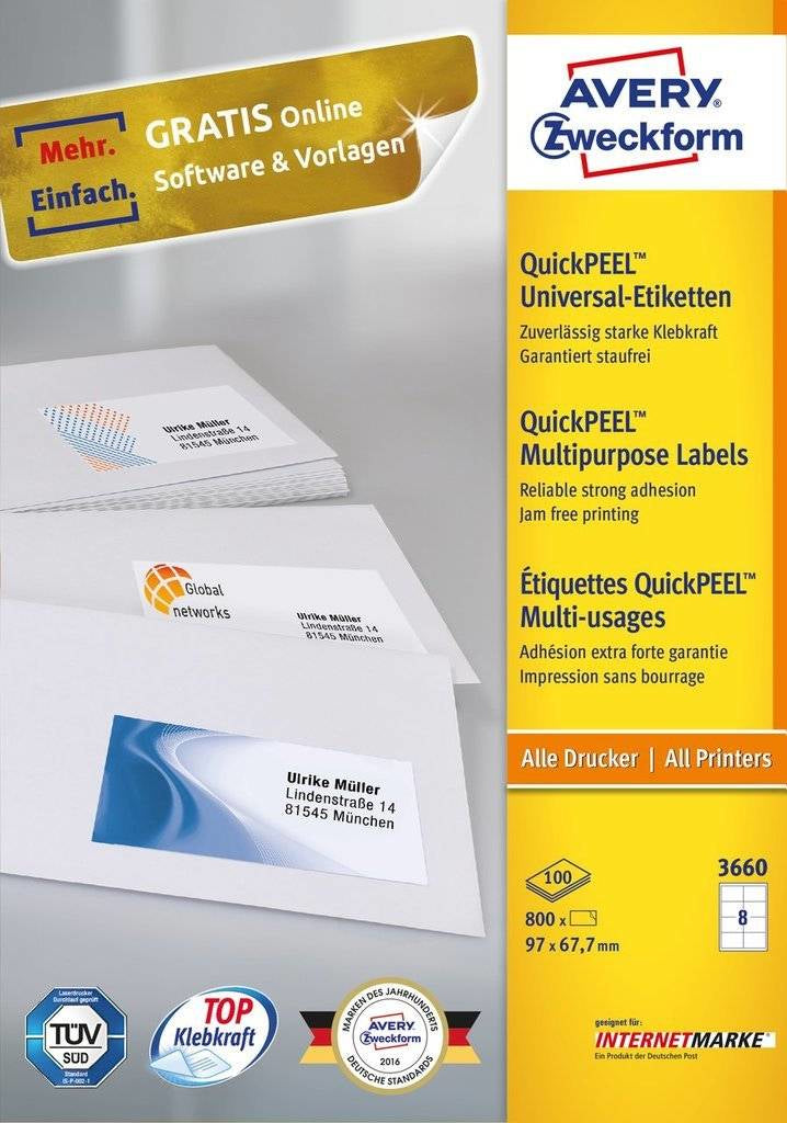Avery Zweckform – Haftetiketten, 97 mm × 68 mm, weiss, Papier, permanent, 800 Stk. (100 Blatt)