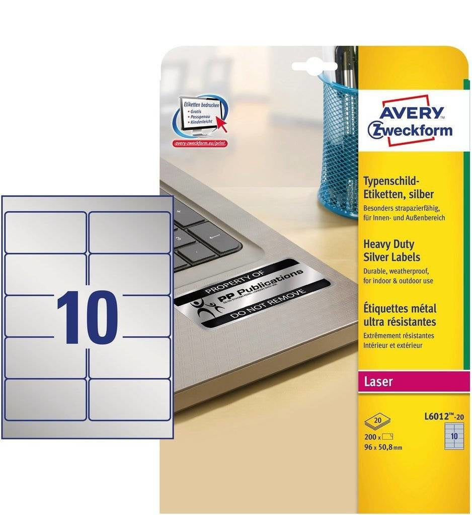 Avery Typenschild-Etiketten, 96 mm × 51 mm, silber, Folie, permanent, 200 Etiketten (20 Blatt)