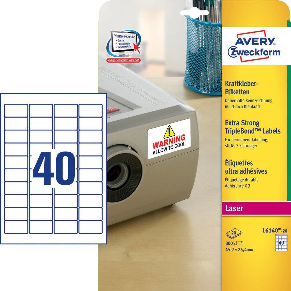 Avery Drucketiketten, 46 mm × 25 mm, weiss, Folie, extra stark, 800 Etiketten (20 Blatt)
