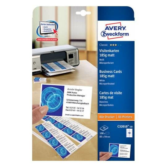 AVERY Zweckform Visitenkarten – 85 × 54 mm, matt, 185 g/m², für Inkjet/Laser, 100 Karten