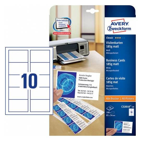 AVERY Zweckform Visitenkarten – 85 × 54 mm, matt, 185 g/m², für Inkjet/Laser, 100 Karten