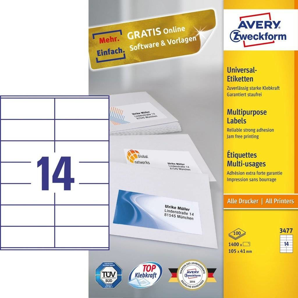 AVERY Zweckform Haftetiketten – rechteckig 105 × 41 mm, permanent, weiss, A4, 100 Blatt (1'400 Stk.)
