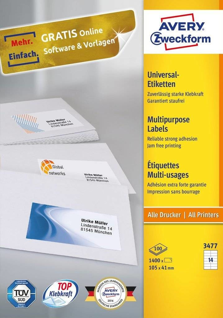AVERY Zweckform Haftetiketten – rechteckig 105 × 41 mm, permanent, weiss, A4, 100 Blatt (1'400 Stk.)