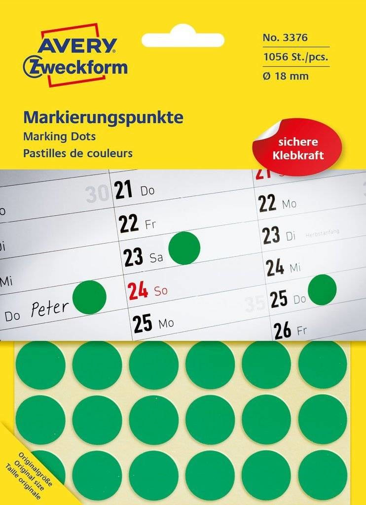 AVERY Zweckform Haftetiketten – Ø 18 mm, permanent, grün, 22 Blätter (1'056 Stk.)