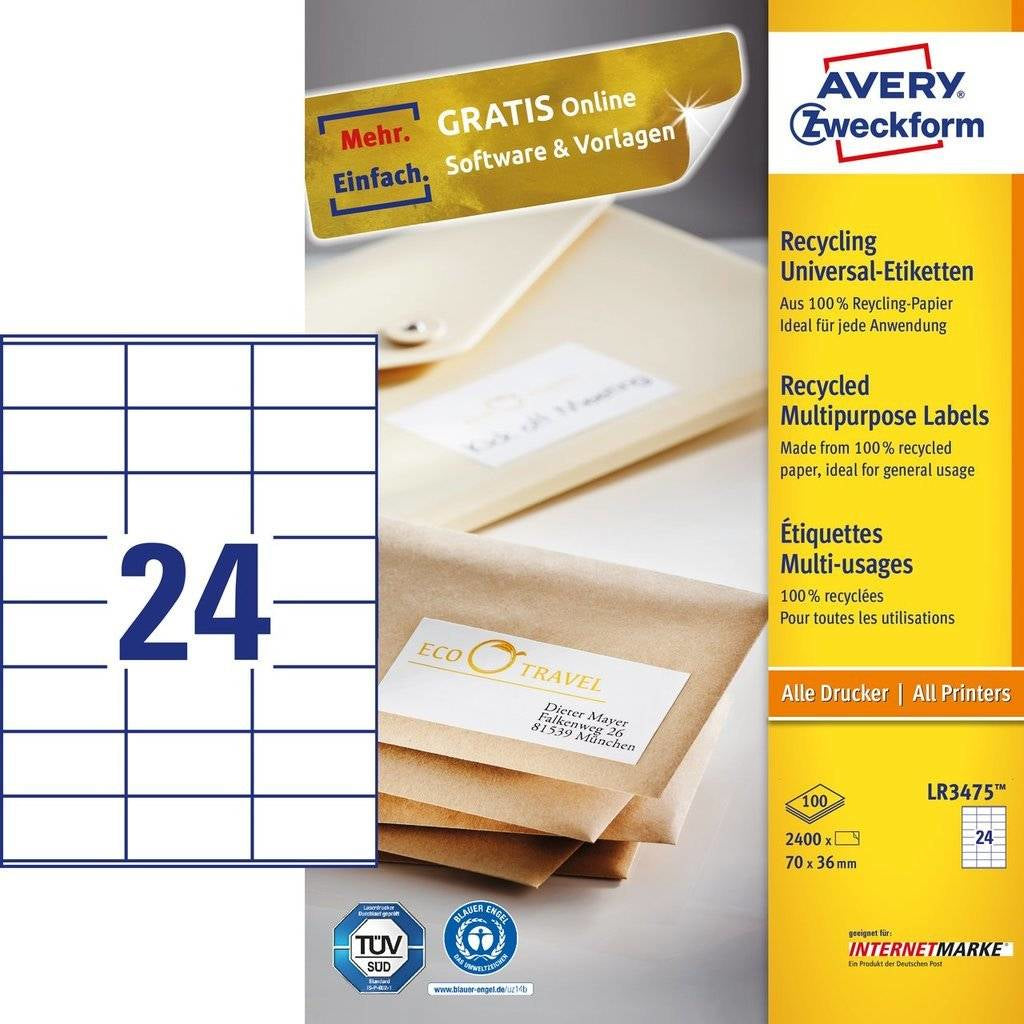 Avery Zweckform – Haftetiketten, 70 mm × 36 mm, weiss, Recycling-Papier, permanent, 2400 Etiketten