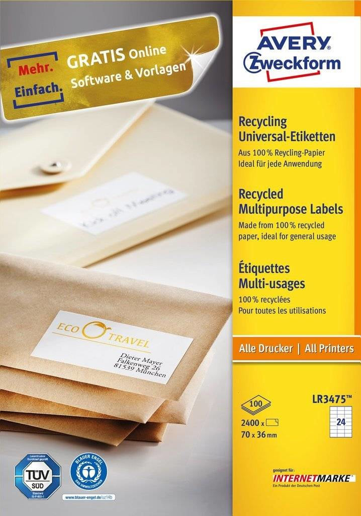 Avery Zweckform – Haftetiketten, 70 mm × 36 mm, weiss, Recycling-Papier, permanent, 2400 Etiketten