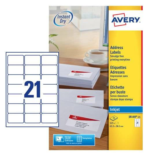 Avery Adress-Etiketten, 64 mm × 38 mm, weiss, Papier, permanent, 25 Blatt (525 Etiketten)