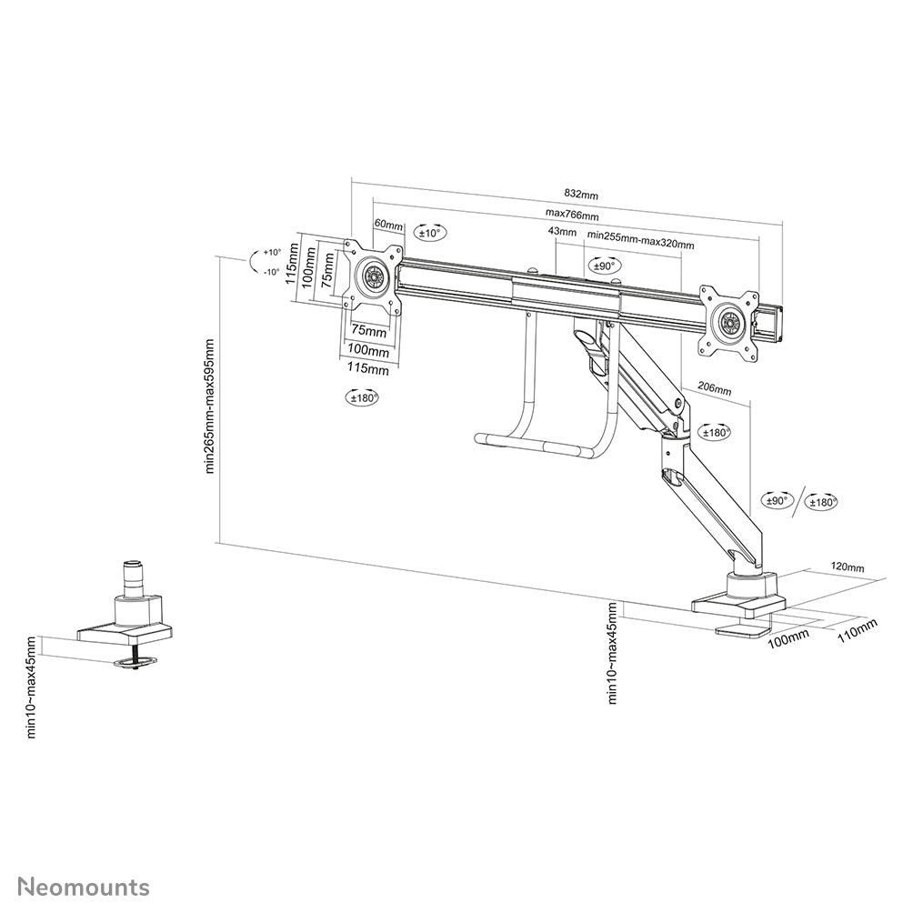 Neomounts NM-D775DXSILVER – Monitorarm Tischhalterung – Klemme/Durchführung – 2 Monitore – 10–32" – VESA 75×75