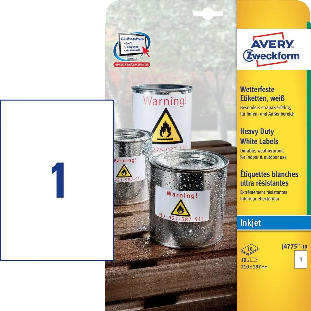 Avery Etiketten (A4-Bogen), 210 mm × 297 mm, weiss, Folie, extra stark, 10 Blatt