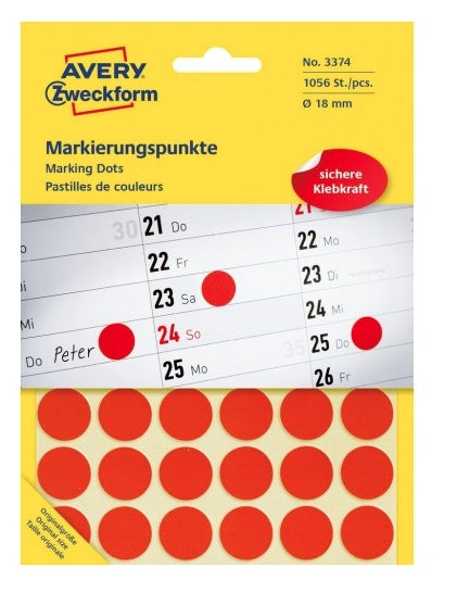 AVERY Zweckform Farbpunkte – Ø 18 mm, permanent, rot, 1'056 Stk.