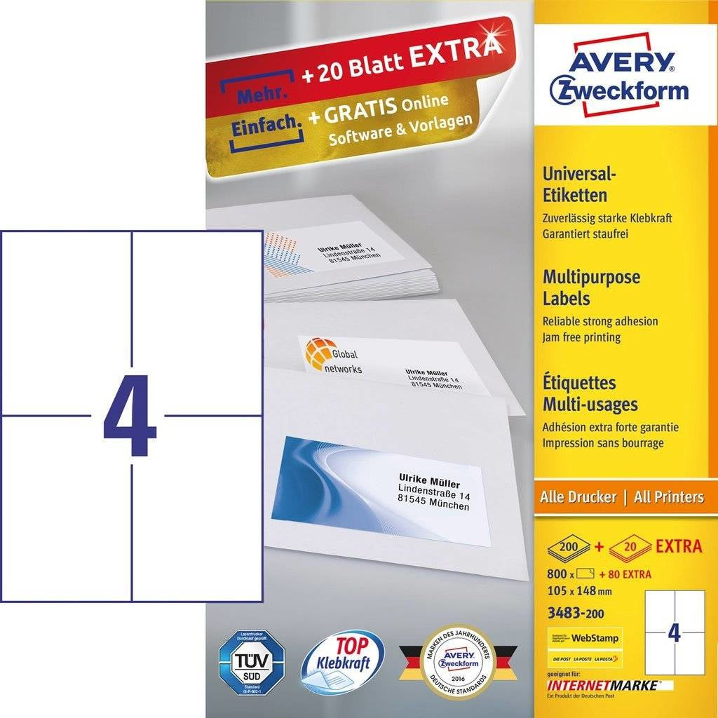 Avery Etiketten, 105 mm × 148 mm, weiss, Papier, permanent, 220 Blatt (880 Etiketten)