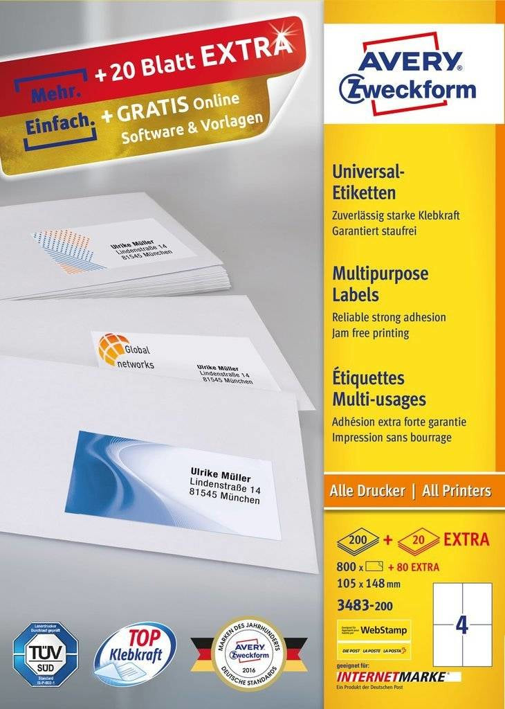 Avery Etiketten, 105 mm × 148 mm, weiss, Papier, permanent, 220 Blatt (880 Etiketten)
