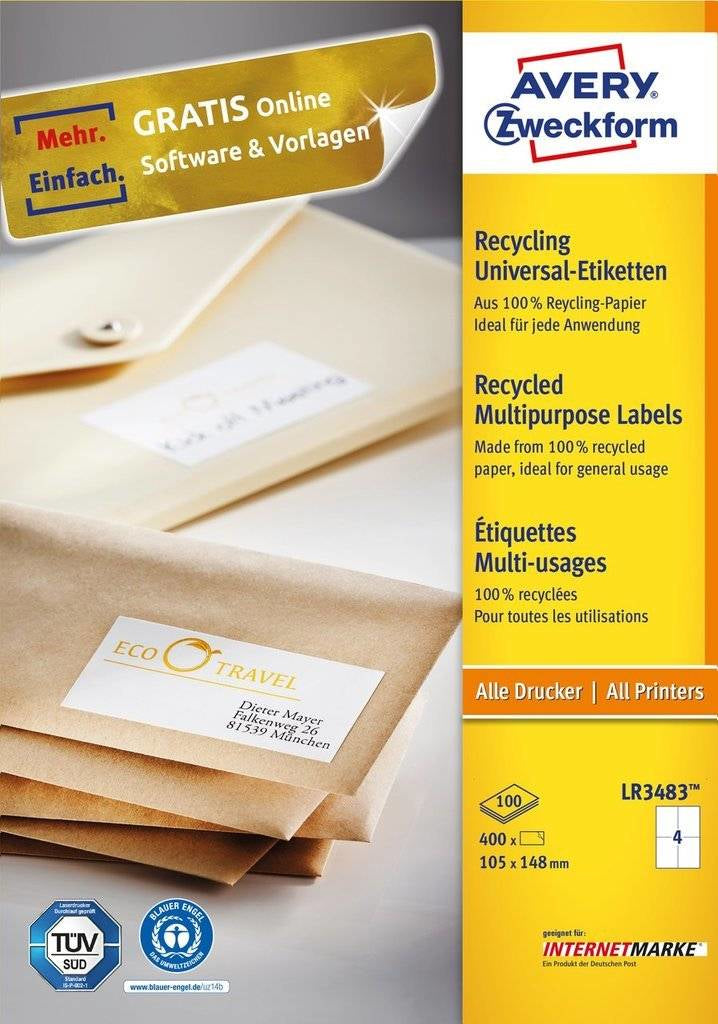 Avery Zweckform Schuletiketten – 105 × 148 mm, 400 Stk, 100 Bogen, Papier, permanent haftend