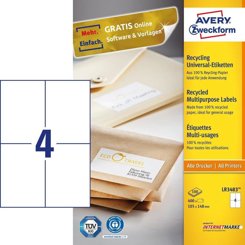 Avery Zweckform Schuletiketten – 105 × 148 mm, 400 Stk, 100 Bogen, Papier, permanent haftend