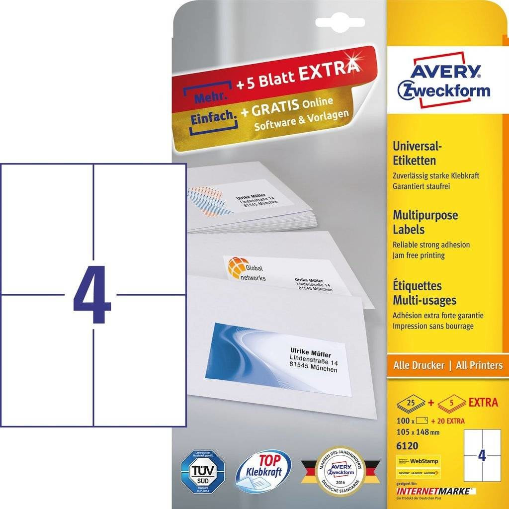AVERY Zweckform – Etiketten A4 105 × 148 mm – weiss – permanent haftend – universal – 4 pro Blatt, 30 Blätter