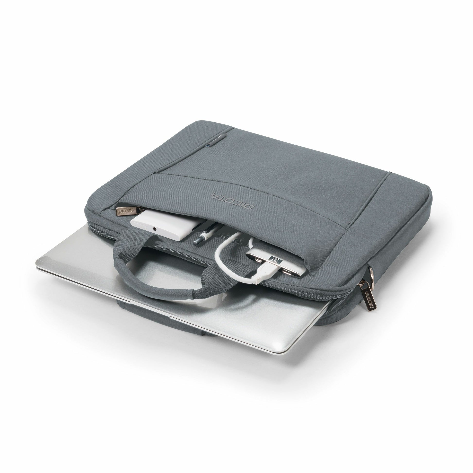 DICOTA Notebook-Tasche für bis 14,1" – abnehmbarer Schultergurt, aus recyceltem PET – Grau
