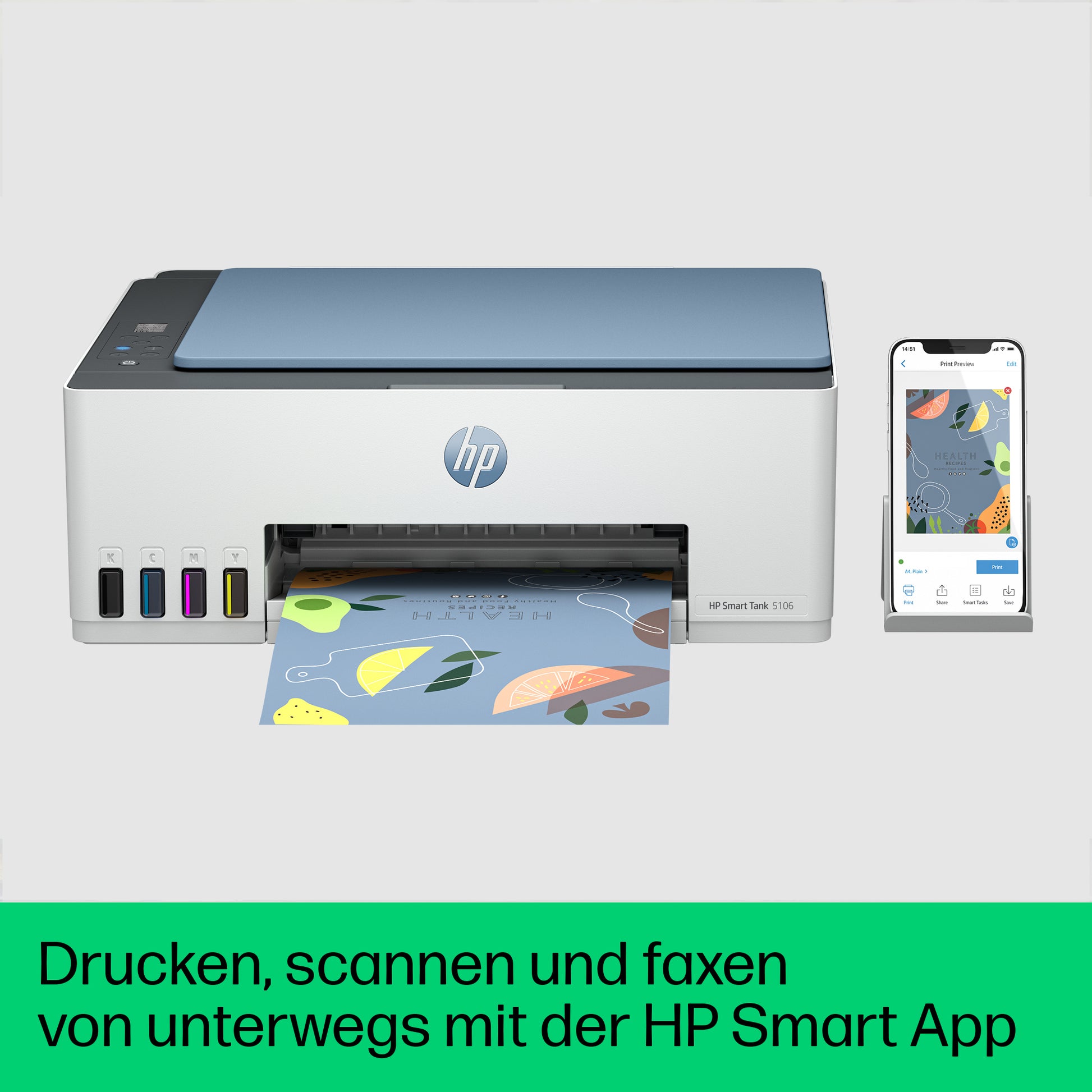 HP Smart Tank 5106 All-in-One – Farbtintenstrahl-Multifunktionsdrucker, A4, 3-in-1, Duplex, WLAN, AirPrint