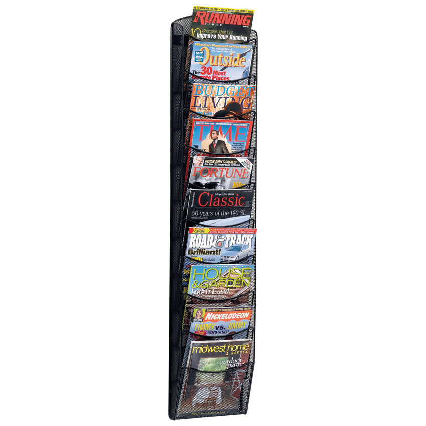 Helit Wandprospekthalter – für A4 hoch, 10 Fächer, schwarz, Metall, 260 × 95 × 1289 mm