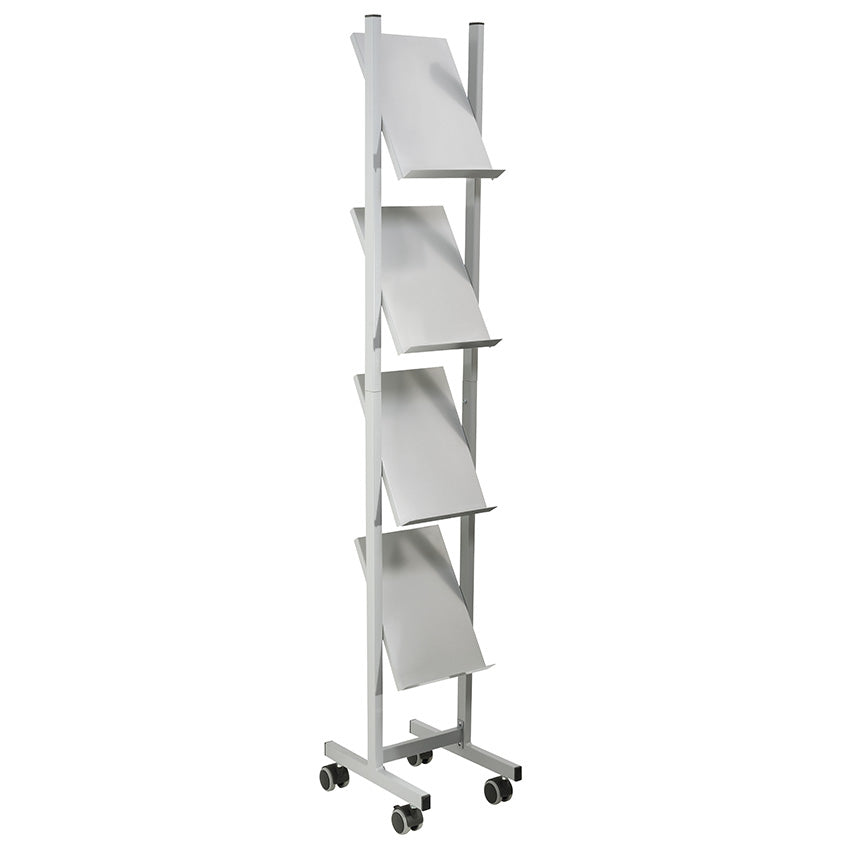 helit Prospektregal the rolling show – für A4, 4 Fächer, mit Rollen, Stahl, 260×390×1580 mm