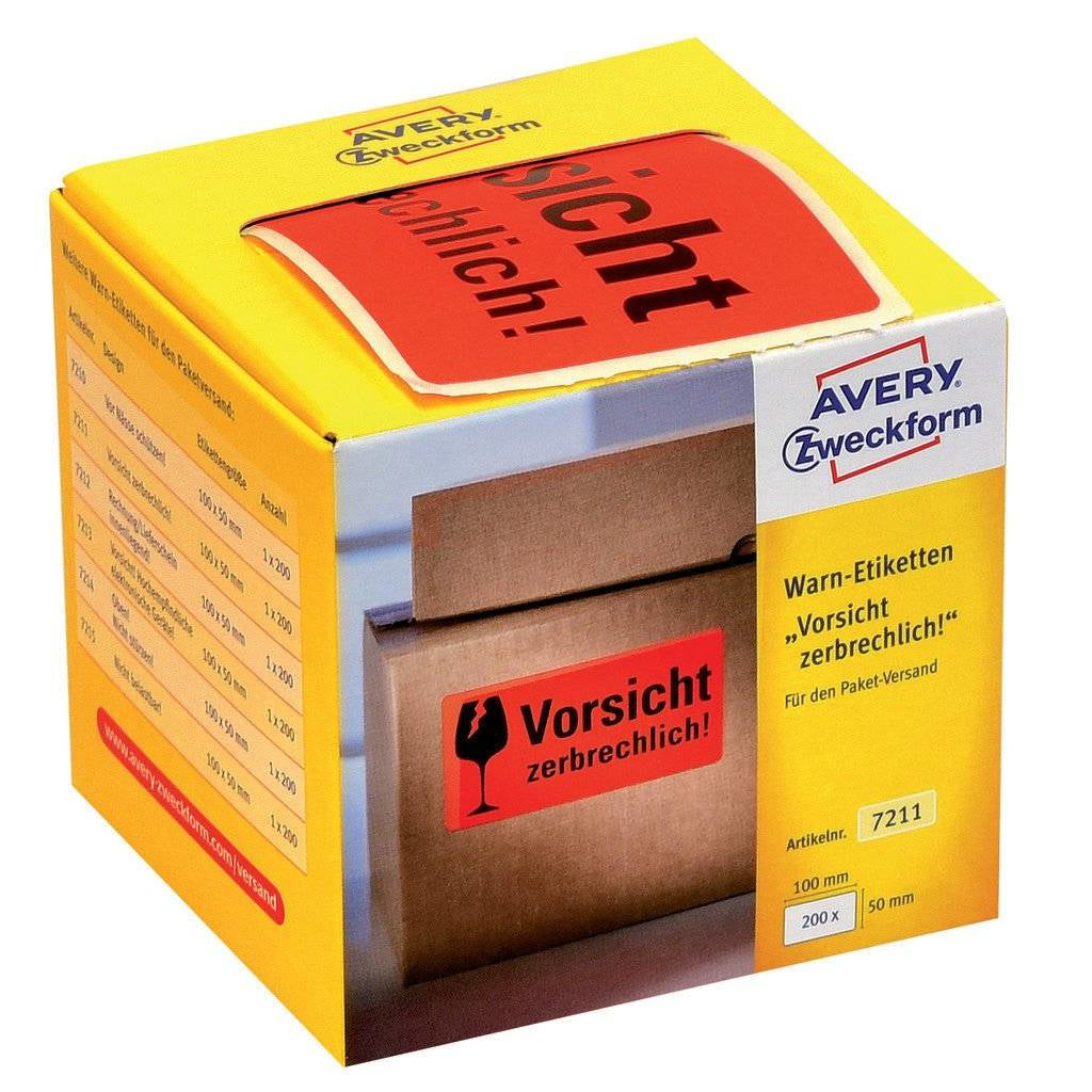 AVERY Zweckform Vorsicht zerbrechlich Etiketten – 100 × 50 mm, permanent, rot, Rolle, 200 Stk.