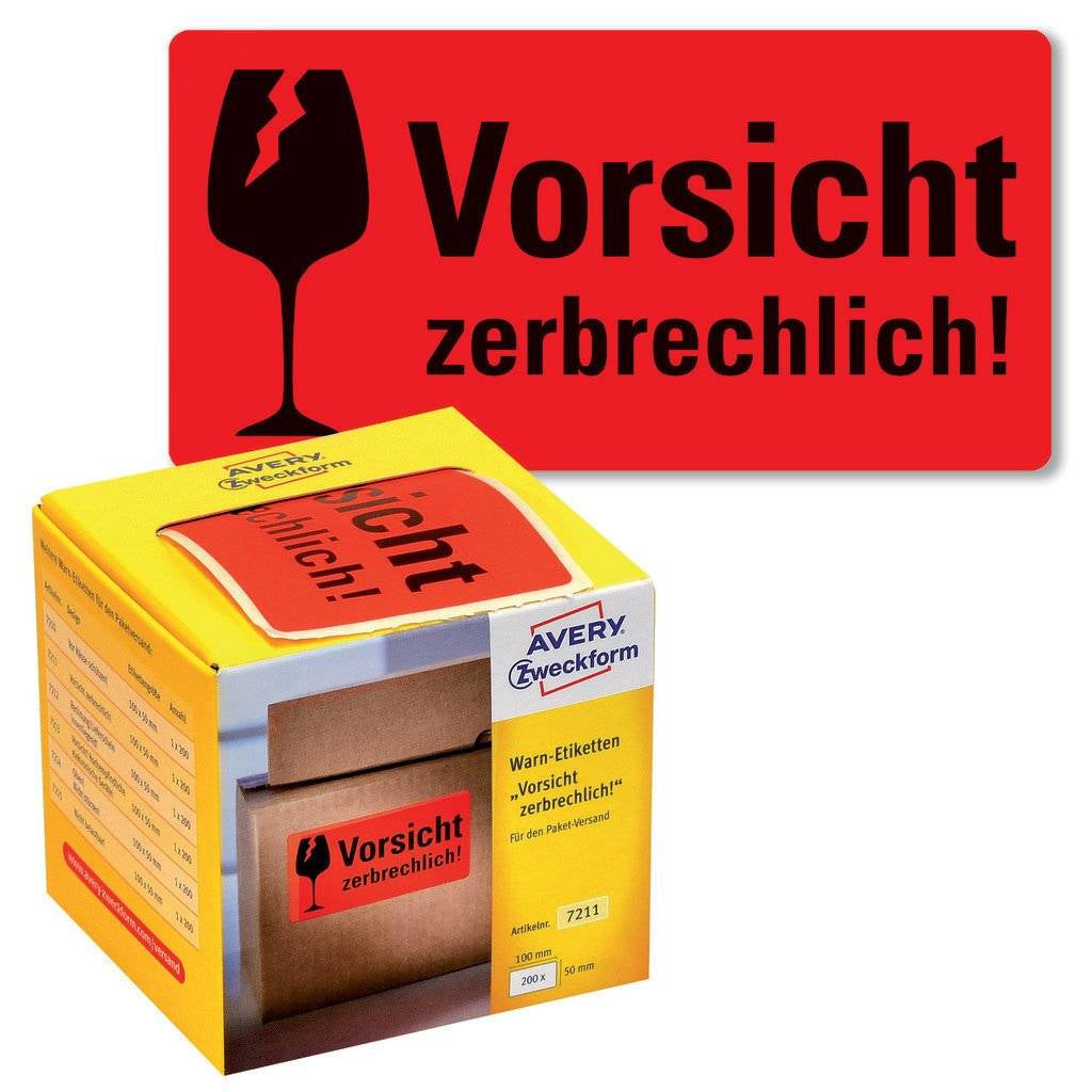 AVERY Zweckform Vorsicht zerbrechlich Etiketten – 100 × 50 mm, permanent, rot, Rolle, 200 Stk.