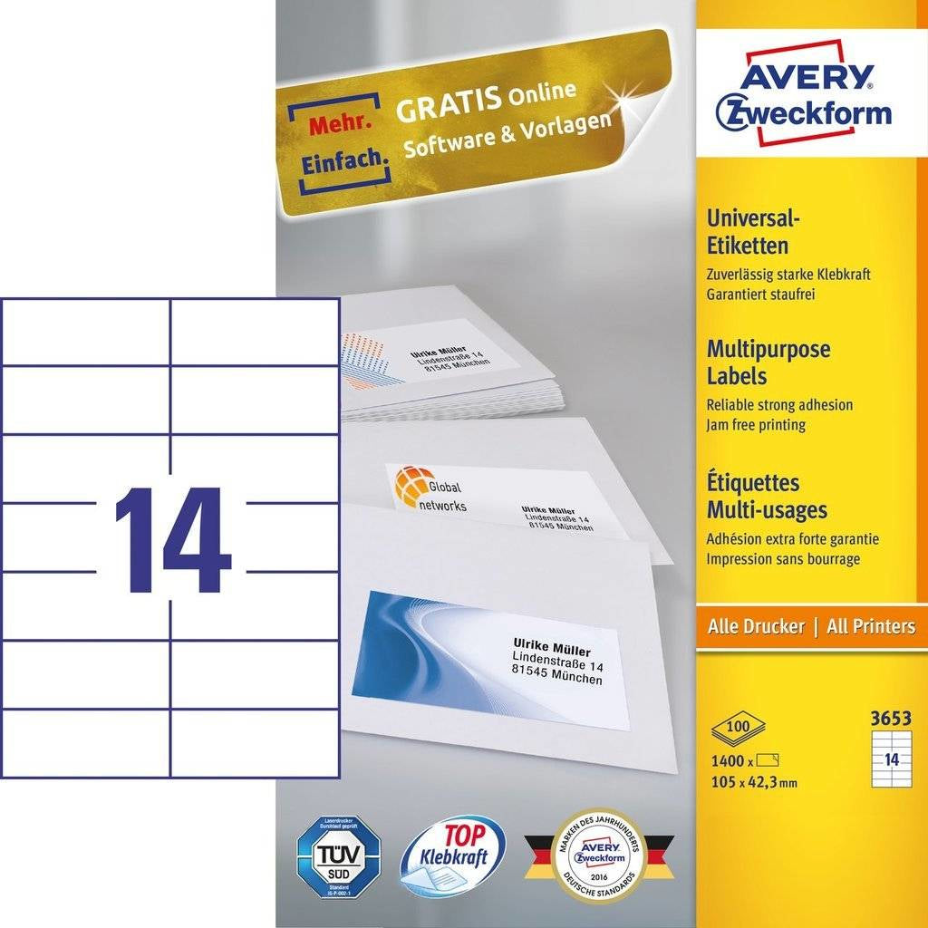 AVERY ZWECKFORM Schuletiketten – 105×42,3 mm, 1400 Stk, 100 Bogen, Papier, permanent haftend