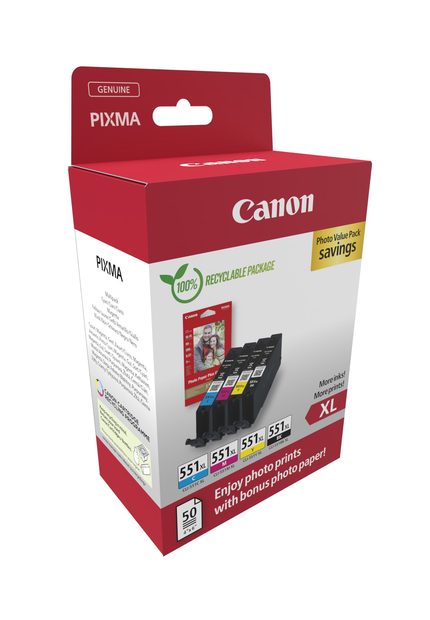Canon Tintenpatronen-Multipack CLI-551XL Photo Cube, 4er-Pack, mit Fotopapier (50 Blatt) – für Inkjetdrucker