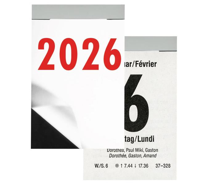 Biella Abreisskalender Block 3 2026 – 5,4 × 8 cm – 1 Tag/Blatt – d/f – perforiert