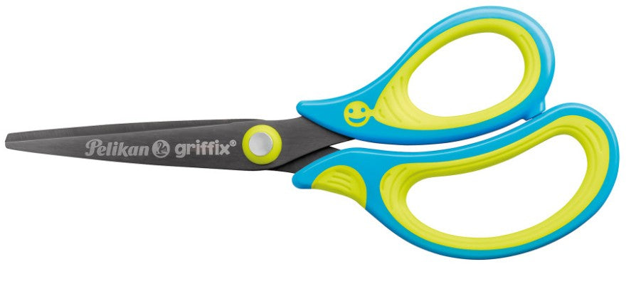 Pelikan Griffix Kinderschere 14,0 cm, spitz, für Rechtshänder – Edelstahl, ergonomischer Griff, Blau/Gelb