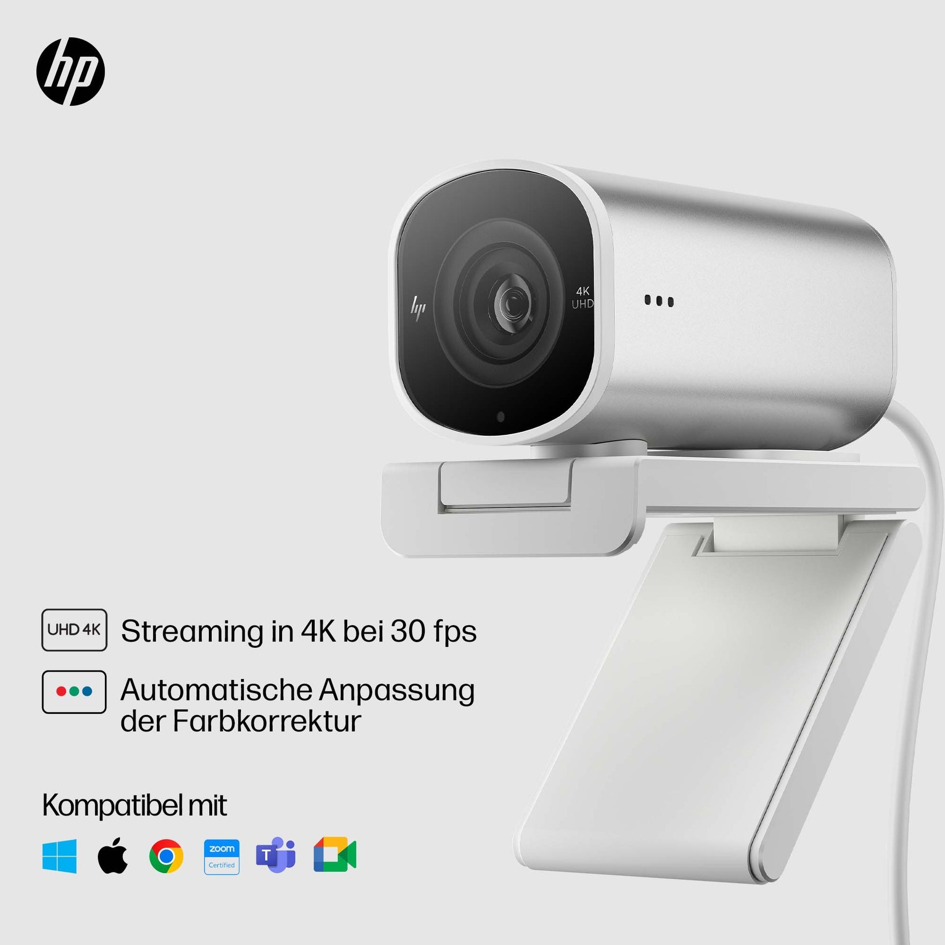 HP 960 – Webcam – 4K, bis 30 fps, USB‑A, Autofokus, 5× digitaler Zoom, Stereo-Mikrofon, Silber
