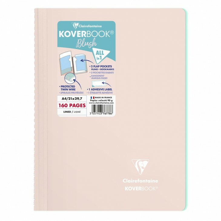 Clairefontaine Collegeblock – A4 – 90 g/m² – Doppelspirale, 2 Taschen, abgerundete Kanten, hellrosa, PEFC
