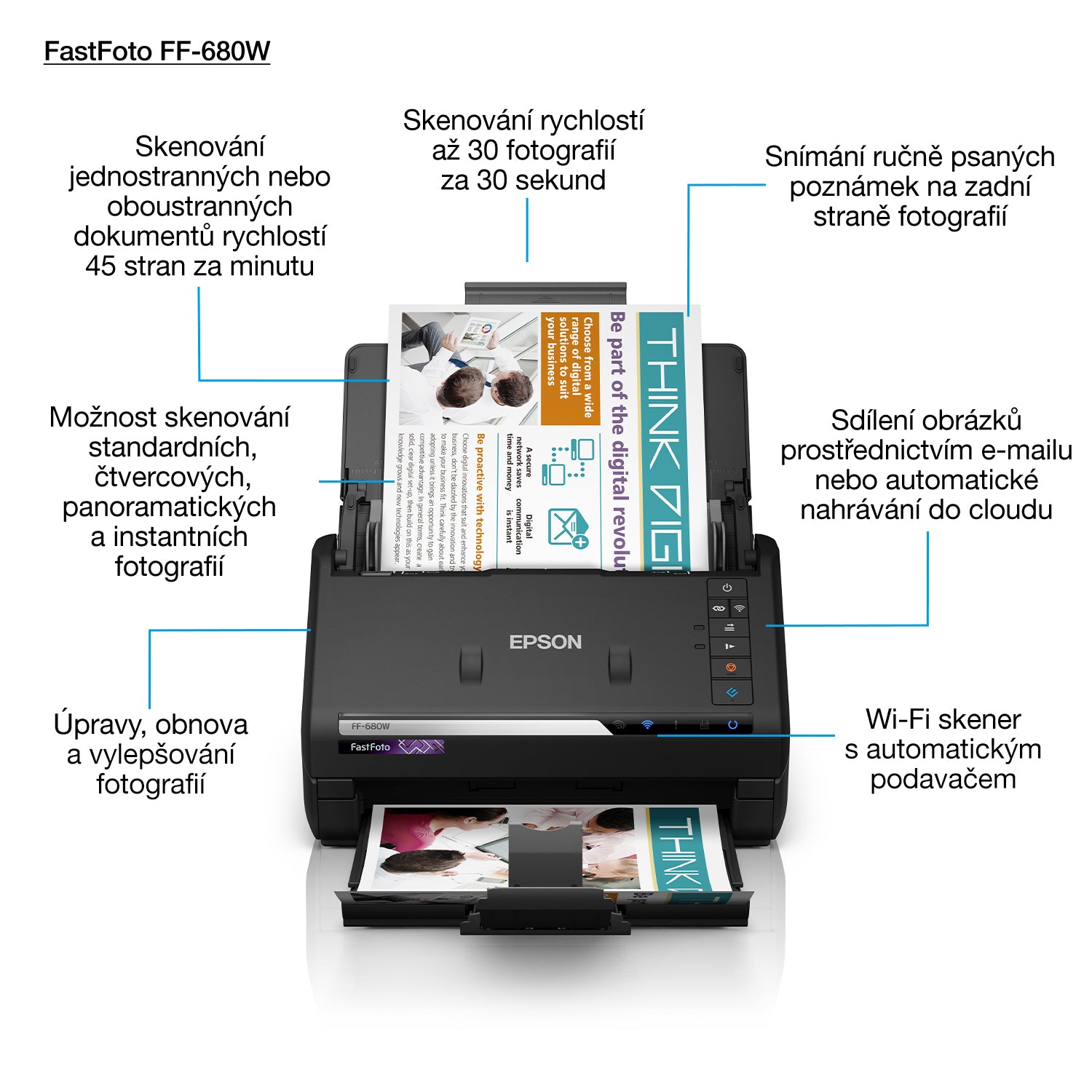 Epson FastFoto FF-680W – Dokumentenscanner, A4, Duplex, 45 ppm, 600 dpi, ADF 100 Blatt, WLAN, USB